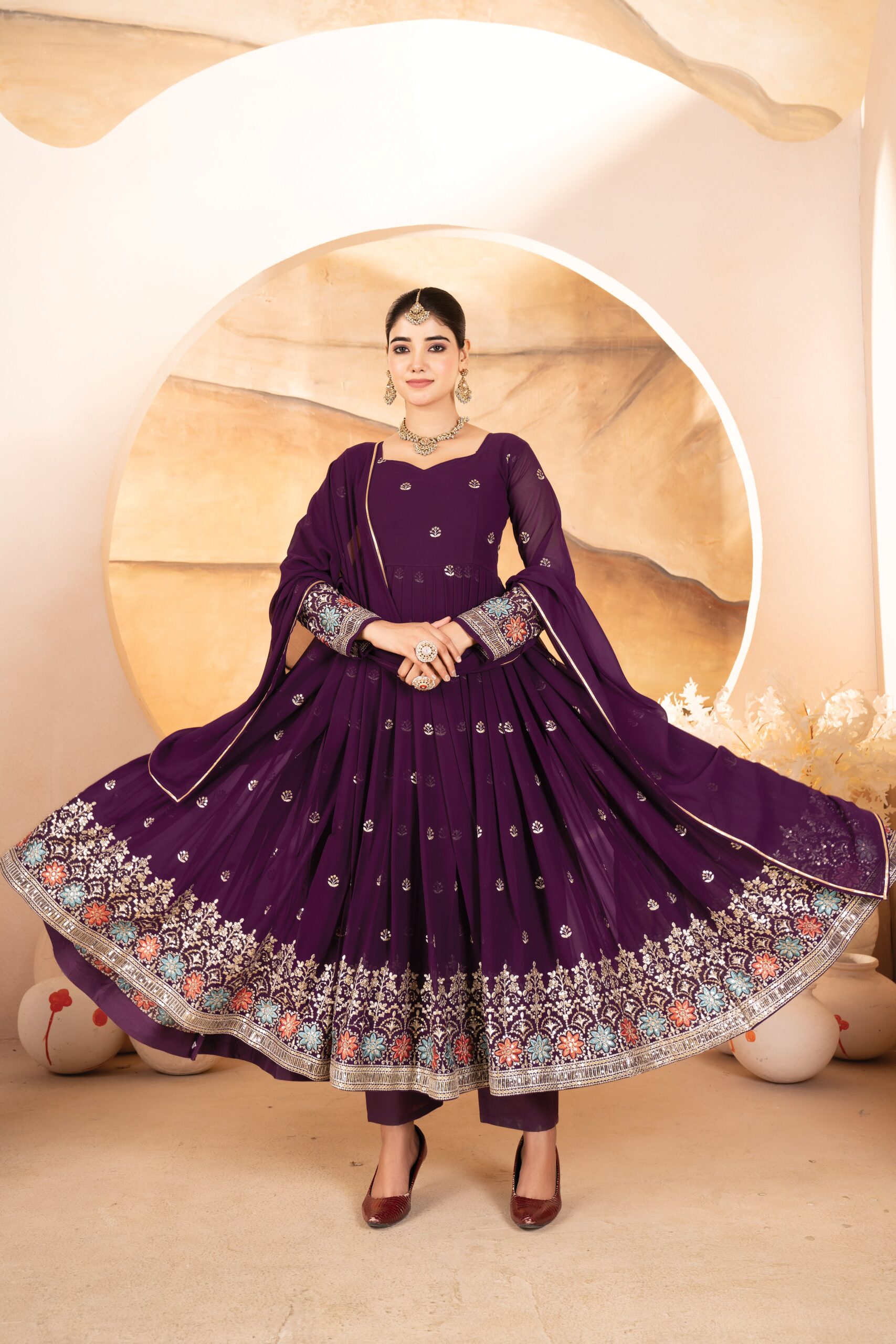 206509 Regal Rani Pink Zari Anarkali Set - Image 1