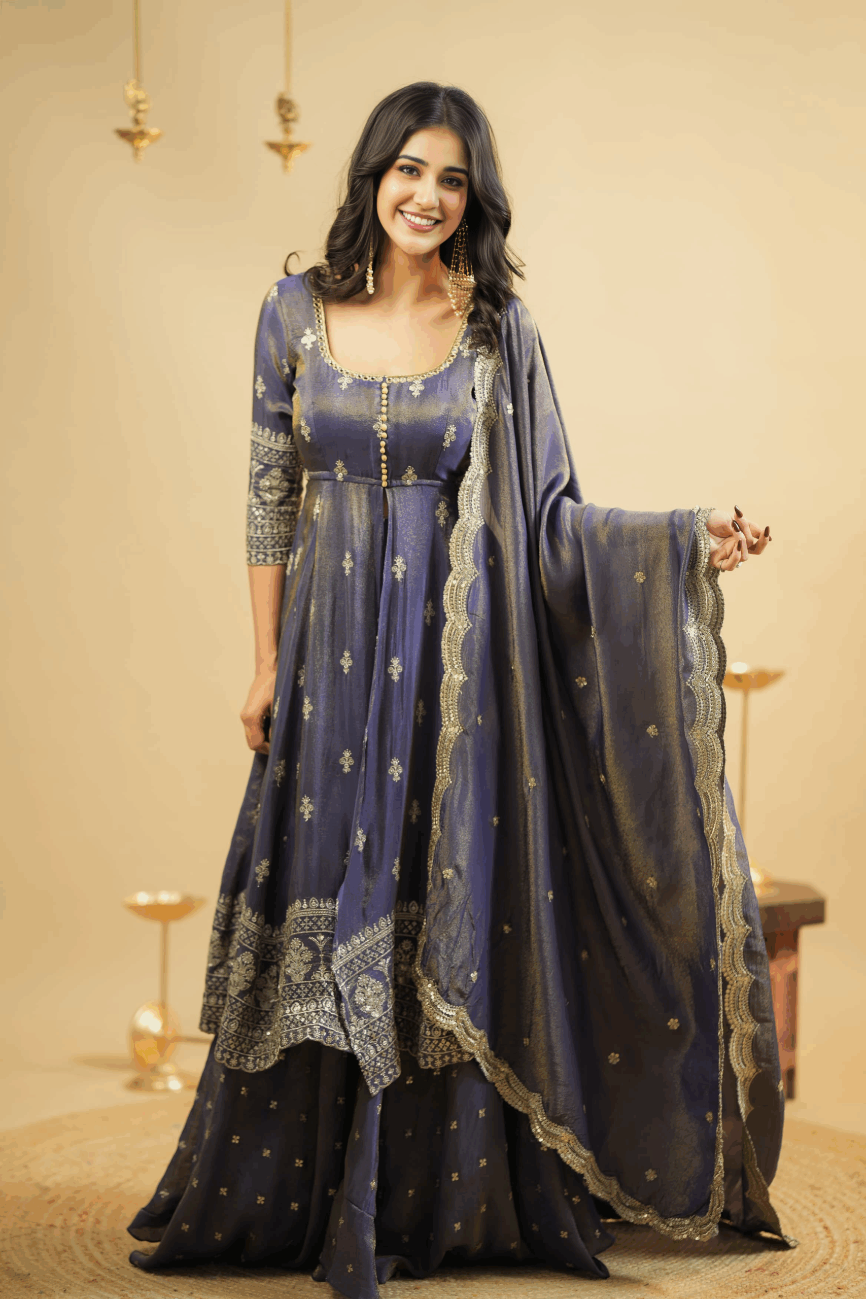46ab8b99-cb8e-4fc3-aebf-0af72a69686c_1 Regal Ash Grey Silk Anarkali Ensemble - Image 1