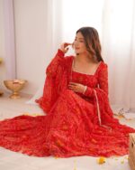 Heritage Sindoor Red Bandhani Anarkali Ensemble - Image 8