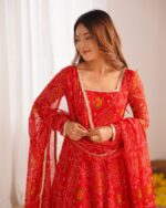 Heritage Sindoor Red Bandhani Anarkali Ensemble - Image 9