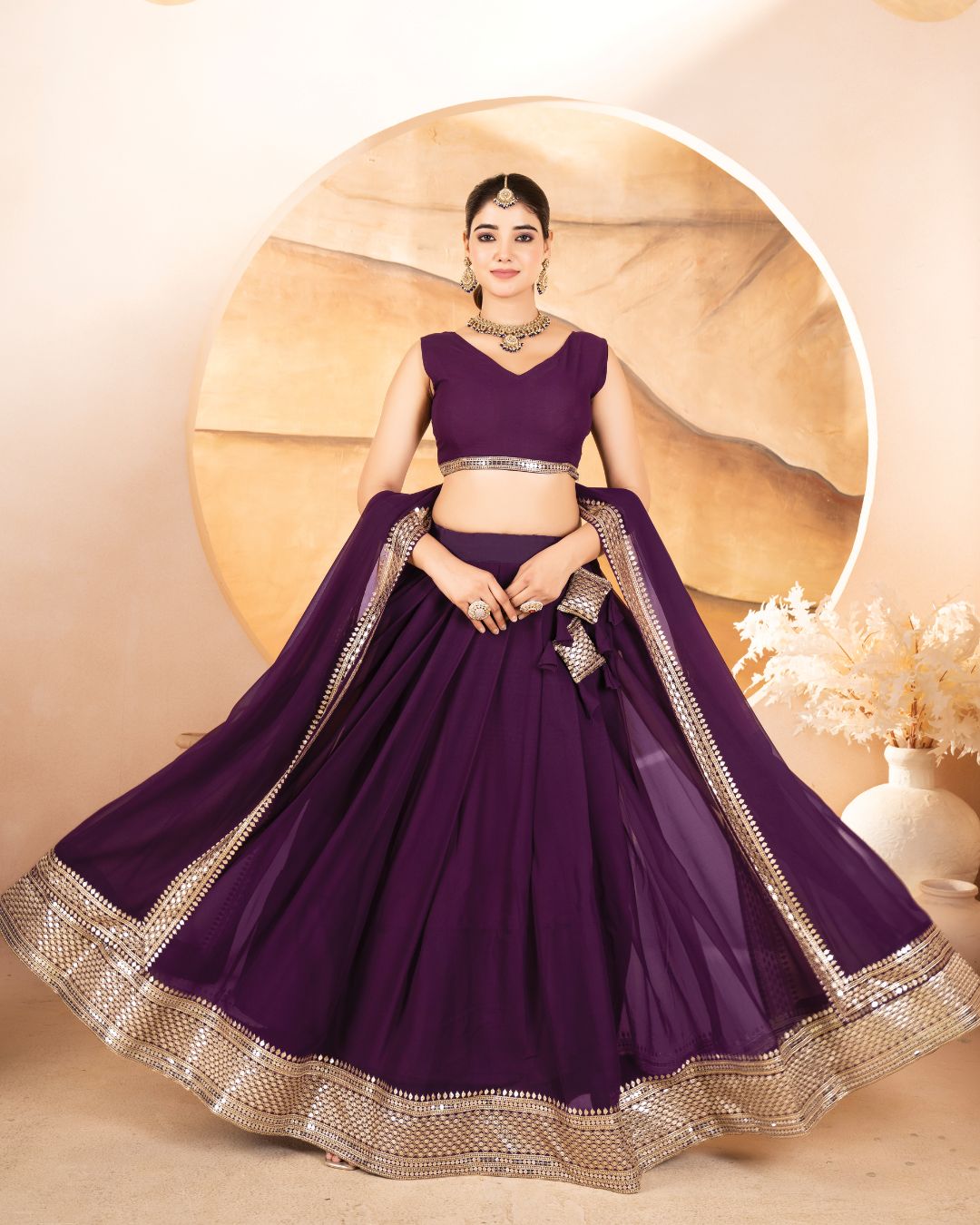 Peach_and_Gray_Watercolour_Background_Instagram_Post Imperial Sindoor Red Velvet Lehenga Choli - Image 1