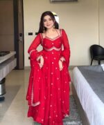 Regal Sindoor Red Zari Anarkali Set - Image 6