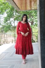 Majestic Sindoor Red Resham Anarkali Ensemble - Image 6