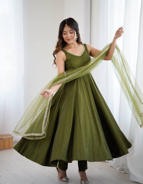 Regal Mehendi Green Resham Anarkali Ensemble
