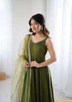 Regal Mehendi Green Resham Anarkali Ensemble - Image 9