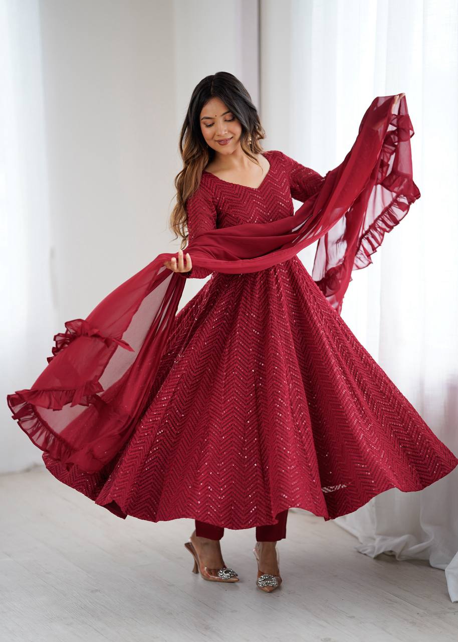 photo_6185979639550298037_y Regal Sindoor Red Zari Anarkali Set - Image 1