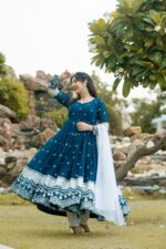 Navy Blue Embroidered Anarkali with White Dupatta - Image 2