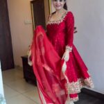 Premium Georgette Rani Red Anarkali Suit for Women – Golden Embroidered with Matching Dupatta – Festive Outfit Ethnic Wear