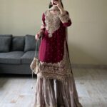 Wine Georgette Embroidered Kurti Sharara Set With Heavy Dupatta