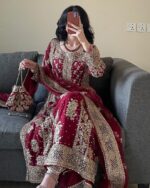 Royal Scarlet Kurta Palazzo And Dupatta Set - Image 2