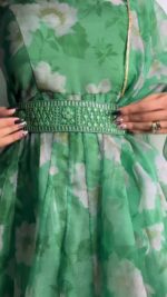 Mystic Green Organza Anarkali with Embroidery Belt - Image 2