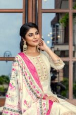 Off White Kurta Trouser Suit With Dupatta - Image 5