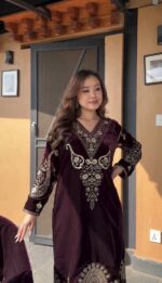 Imperial Maroon Velvet Ensemble with Exquisite Gold Embroidery - Image 3