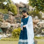 Navy Blue Embroidered Anarkali with White Dupatta