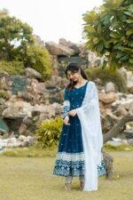 Navy Blue Embroidered Anarkali with White Dupatta