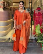 Elegant Orange Festive Suit with Dupatta - Image 2