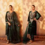 Elegant Green Velvet Embroidered Festive Ensemble - Image 7
