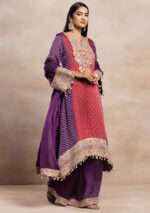 Red And Purple Bandhani Print Kurta Set With Palazzo And Dupatta