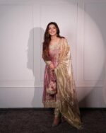 Women's Rose Pink Anarkali Suit Set – Golden Embroidered – Premium Ethnic Wear – Festive/Wedding Wear - Image 3