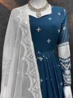 Navy Blue Embroidered Anarkali with White Dupatta - Image 9