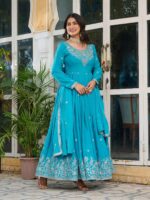 Embroidered Silk Anarkali Suit Set with Dupatta - Image 3