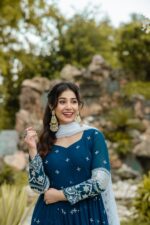 Navy Blue Embroidered Anarkali with White Dupatta - Image 5