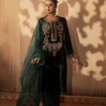 Elegant Green Velvet Embroidered Festive Ensemble