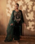 Elegant Green Velvet Embroidered Festive Ensemble
