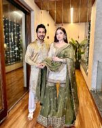 Designer Olive Mirror Work Sharara Suit Set with Golden Kurti & Net Dupatta – Ethnic Evening Wear for Women - Image 3