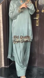 Sage Green Satin Farshi Salwar Set with Hand Embroidered Detailing - Image 2