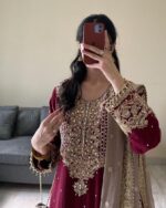 Wine Georgette Embroidered Kurti Sharara Set With Heavy Dupatta - Image 3