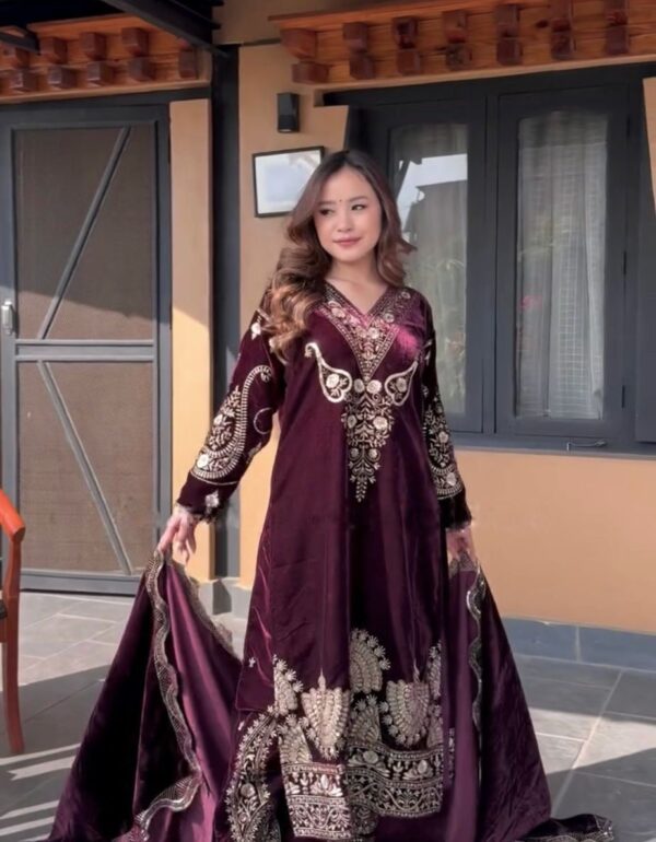 Imperial Maroon Velvet Ensemble with Exquisite Gold Embroidery
