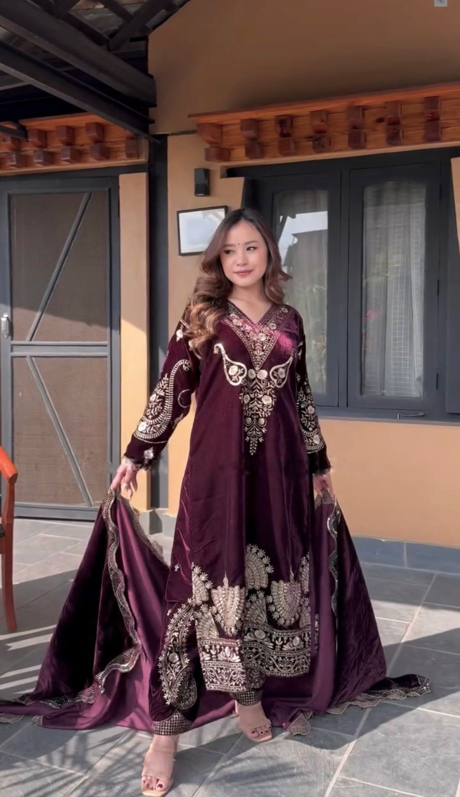 87725f97-dd9e-43e2-a302-38d9f0978cfc.jpeg Imperial Maroon Velvet Ensemble with Exquisite Gold Embroidery - Image 1