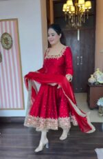 Premium Georgette Rani Red Anarkali Suit for Women – Golden Embroidered with Matching Dupatta – Festive Outfit Ethnic Wear - Image 2