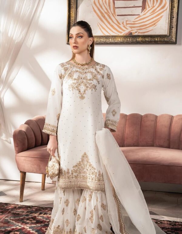 Ivory Gold Sharara Suit Set – Hand Embroidered Kurta with Flared Sharara & Dupatta – Bridesmaid/Reception Outfit Ethnic Wear