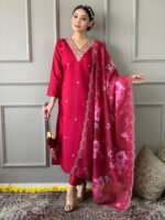 Chanderi Silk Embroidered Kurta Set with Floral Dupatta - Image 3