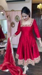 Premium Georgette Rani Red Anarkali Suit for Women – Golden Embroidered with Matching Dupatta – Festive Outfit Ethnic Wear - Image 4
