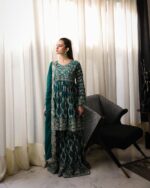 Embroidered Emerald Kurta Palazzo Dupatta Set for Women – Georgette/Net Fabric – Ideal for Wedding & Festive Ethnic Wear - Image 3