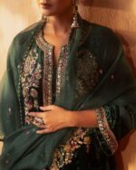 Elegant Green Velvet Embroidered Festive Ensemble - Image 6