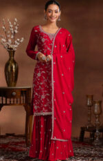 Royal Red Embroidered Silk Sharara Set - Image 3