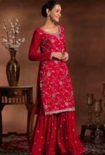 Royal Red Embroidered Silk Sharara Set - Image 6