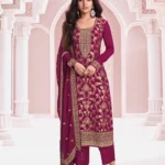 Gulbahaar Wine Gold Embroidered Salwar Suit