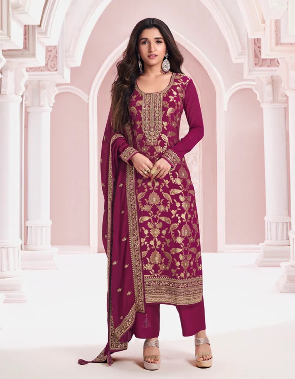 Gulbahaar Wine Gold Embroidered Salwar Suit