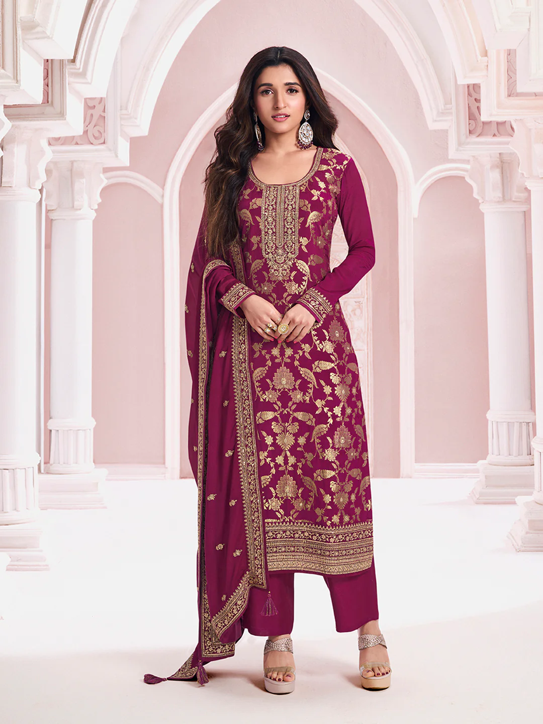 IMG_0378.webp Gulbahaar Wine Gold Embroidered Salwar Suit - Image 1
