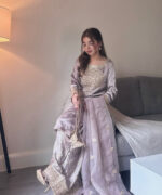 Luxurious Gold Embellished Mauve Party Wear - Image 2