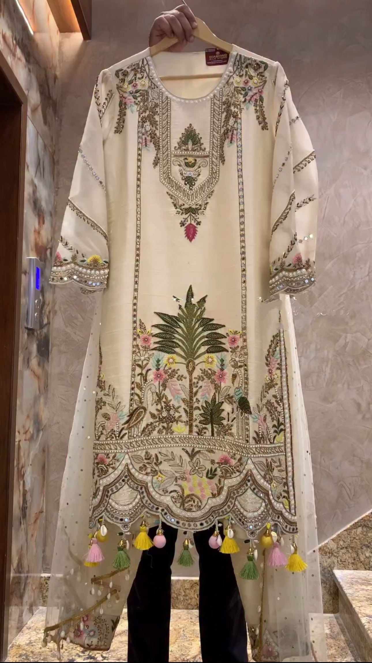 IMG_3203 Wedding Special Maharani Off-White Suit with Tassels - Image 1