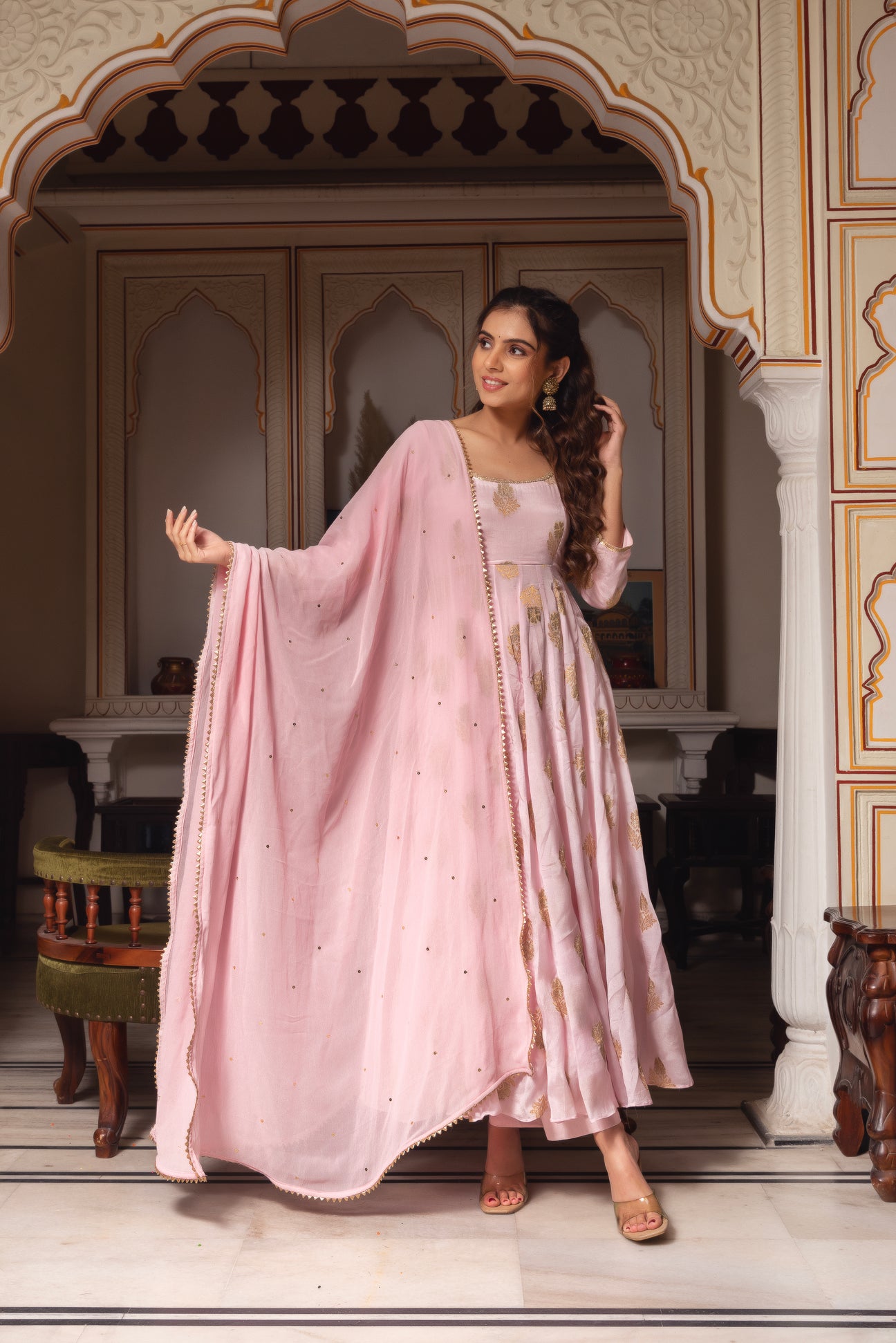 IMG_7395.jpeg Baby Pink Premium Chinon Anarkali Suit Set - Image 1