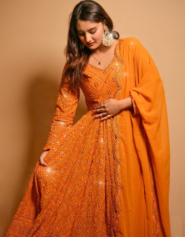 Mustard Anarkali Dress for Women – Gota & Mirror Work – Cotton Blend Suit Set with Dupatta Ethnic Wear