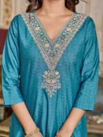 Teal Embroidered Straight Kurta Set - Image 4