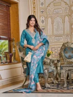 Teal Embroidered Straight Kurta Set - Image 3